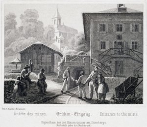Mina de sal: la entrada de la mina, en Durrnberg, Austria, hacia 1850