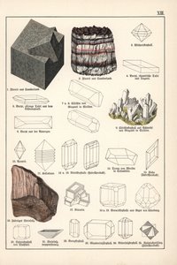 Minerales y cristales (fluorita, celestina y sal gema fibrosa) - Cromolitografía de Mineralogía de Gustav Adolph Kengott (1818-1897), extracto de Historia Natural de Gotthilf Heinrich von Schubert (1780-1860) de Unbekannter Künstler