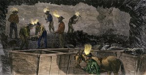 Mineros excavando la mina y cargando el carbón en pequeños vagones tirados por mulas en Pensilvania. Grabado coloreado de 1860. de Unbekannter Künstler