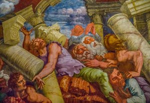 El fresco más famoso del Manierismo: La ilusión de Giulio Romano inventa una cúpula y disuelve la arquitectura de la sala en la caída de los gigantes, Sala de los Gigantes de Unbekannter Künstler