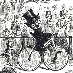 Mr. Punch y el perro Toby montando bicicletas antiguas de Unbekannt