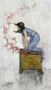 Mitos y leyendas: Pandora, demasiado curiosa, abre la caja a pesar de la prohibición y libera menos demonios de la caja que contiene todos los males de la humanidad. Grabado coloreado del siglo XIX. de Unbekannter Künstler