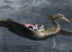 Mitos y leyendas: El Rokh o Roc (ave gigante de la mitología árabe-persa. Aparece en pasajes de Las mil y una noches). Grabado para colorear del siglo XIX. de Unbekannter Künstler