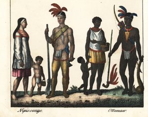 Nativos de Canadá: una familia de indios del lago Nipissing y una familia de indios de la zona de Ottawa. Litografía para el libro: "Galerie complete en tableaux fideles des peuples d