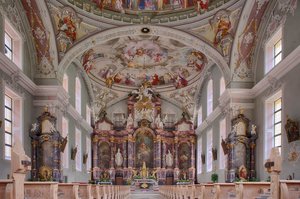 Nave, altar, pintura del techo, fotografía interior, Iglesia Parroquial Católica de San Jorge, Neustift, Valle de Stubai, Tirol, Austria, Europa (foto) de Unbekannter Künstler