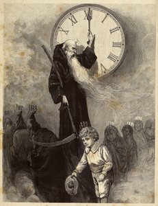 Alegoría de Año Nuevo 1889 que representa una vieja bóveda, símbolo del año viejo, dando paso a un sonriente niño que simboliza el Año Nuevo. El tiempo contempla la escena haciendo girar las manecillas de un reloj. Grabado del siglo XIX de Unbekannter Künstler