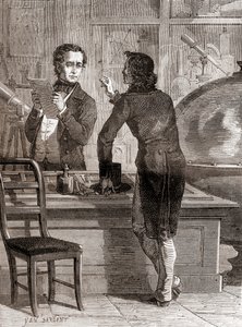 Nicéphore Niépce, aún desconocido y pobre, en la tienda de óptica e instrumentos de Charles Chevalier, de Les Merveilles de la Science, publicado c.1870 de Unbekannt