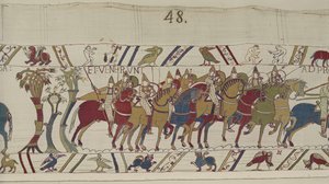 Soldados normandos saliendo de Hastings para luchar contra Harold, Tapiz de Bayeux (bordado en lana sobre lino) de Unbekannt