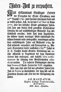 Notificación del Cuerpo Gobernante de Estrasburgo de los Trece (Tredecim Viri) de una subasta pública del derecho a recaudar el 