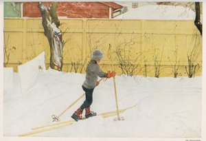 Uno de los hijos del ilustrador sueco Carl Larsson aprendiendo a moverse en esquís. Dibujo de "Das haus in der sonne" 1921 de Unbekannt