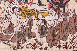 Pagoda budista Ong Nui, fresco mural, La vida del Buda, Después de 45 años de enseñar el Dharma, el Buda pasó al Parinirvana, Quy Nhon, Vietnam, 2019 (foto) de Unbekannt