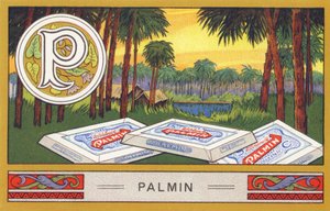 P: Palmin - Alfabeto Palmin. Serie de cromolitografías editadas por H. Schlinck & Cie, Hamburgo. Publicidad para Palmin feinstes Cocosfett. Dimensiones: 7 x 11 cm de William M. Timlin