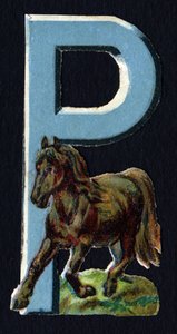 P de Pony. Escarabajo decoupis sobre el tema de los animales. Grabado. Serie de 26 cromolitografías de gofre de origen inglés. Editor e ilustrador desconocidos. Finales del siglo XIX.
