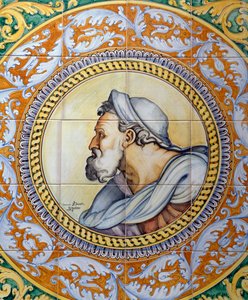 Panel de mayólica pintada que representa la cabeza de un anciano al estilo de Miguel Ángel, hecho por Ceramiche Desuir, Santo Stefano di Camastra, Sicilia, Italia, (detalle)