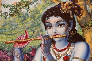 Pintura que representa al dios hindú Krishna tocando una flauta al aire libre, India de Unbekannt