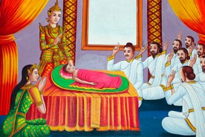Pintura que representa la historia de la vida de Shakyamuni Buda. Buda como niño. Kep, Camboya. de Unbekannt
