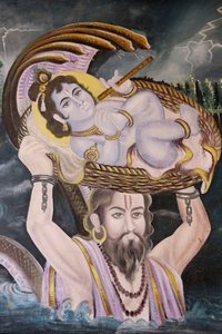 Pintura en Gokul: Krishna como un bebé llevado sobre el río Yamuna por Vasudeva, India