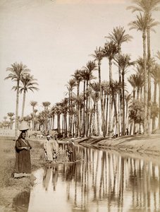 Palmeras junto al río Nilo. En primer plano, hombres con trajes tradicionales. de Unbekannter Künstler