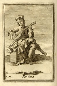 Instrumento de cuerda pandura de origen bizantino, antepasado de la mandolina. En el "Gabinetto Armonico" de Filippo Bonanni, Roma.