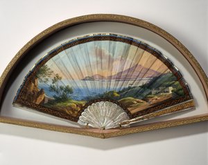 Modelo de abanico de papel con una pintura en gouache que representa los destinos del Grand Tour, un viaje práctico por artistas e intelectuales de los siglos XVIII y XIX en los países mediterráneos durante su juventud para su educación y enriquecimiento