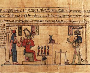 Papiro del Primer Libro de la Respiración de Ousirour, Thoth pesando el alma de Ousirour ante Isis y Osiris de Alec Hunter