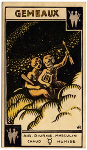 Paranormal. Astrología. Géminis (los Gemelos). Carta astrológica de: Le Tarot Astrologique (Tarot Astrológico), de Georges Muchery, Francia.