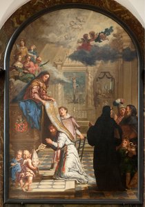 Iglesia parroquial (Parochiekerk Onze-Lieve-Vrouw). Interior. Pintura. La Virgen entregando una casulla a San Ildefonso. de Unbekannter Künstler