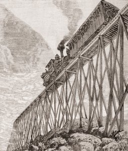 Parte de un ferrocarril de cuatro kilómetros de largo en New Hampshire, Estados Unidos, construido para viajes recreativos y para que los pasajeros disfruten de vistas panorámicas, c.1880, de 