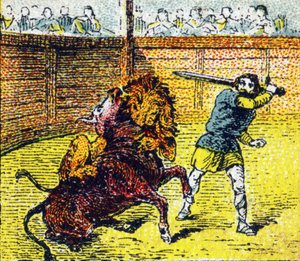 Pepin Le Bref desciende a la arena para abatir al león que acababa de saltar sobre el cuello del toro. Grabado en "Histoire de France". Serie de imágenes publicitarias publicadas en nombre de Louit, 24 rue d