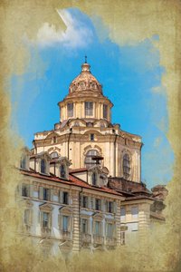 Piazza Castello: iglesia de San Lorenzo, Turín, Piamonte, Italia (foto manipulada)