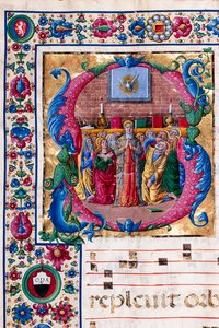 Biblioteca Piccolomini: libro de coro, cod. 23.8, ff. 100v con "El Pentecostés", de Girolamo da Cremona. Detalle. de Unbekannter Künstler