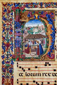 Biblioteca Piccolomini: libro de coro, cod. 2.B, ff. 5v con la "Natividad", por el iluminador florentino. Detalle.