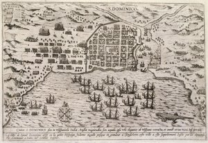 Plan del ataque de Drake a Santo Domingo, c.1595 (grabado)