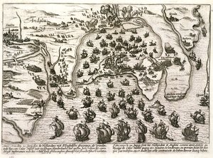 Plano del puerto de Cádiz en 1596 en el momento del ataque de Sir Walter Raleigh (grabado) de Unbekannter Künstler