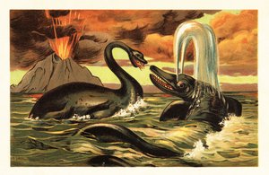 Plesiosaurus e Ichthyosaurus luchando frente a una erupción 1908 (litografía)
