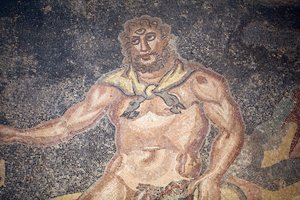 Sala de Polifemo. Detalle del cíclope devorando las entrañas de una cabra. Siglo III - IV. Villa Romana del Casale, Sicilia. Sitio UNESCO de Unbekannt