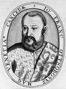 Retrato de Francesco Ottoboni (siglo XVI), Gran Canciller de Venecia, grabado de William M. Timlin