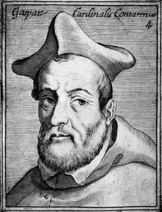 Retrato de Gasparo Contarini (1483-1542), cardenal y obispo italiano, grabado de Illustrissimorum, omnique virtutis, et scientiarum laude praestantissimoru virorum icones, por Claudius Pernetus de William M. Timlin