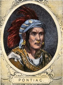 Retrato de Pontiac (u Obwandiyag, ca. 1714-1769), jefe de la tribu india de los indios outaouais de Detroit (Nación Ottawa). Grabado en color del siglo XIX.