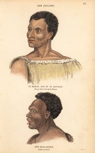 Retrato de Te Kewiti, hijo de Te Kauwain, joven jefe de los maoríes Ngate Watnas, Nueva Zelanda, y retrato de un maorí tatuado, neozelandés, dibujado en Londres por Agasse. Grabado en acero coloreado a mano por Lizars a partir de una ilustración de Charles