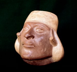 Arte precolombino, civilización mochica: vaso de terracota que representa la cabeza de un hombre - 200 a.C.-700 d.C. - Lima, Museo Nacional de Antropología y Arqueología, Perú de Unbekannt