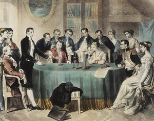 Presentación en 1801 de los experimentos sobre la pila eléctrica al Primer Cónsul Napoleón Bonaparte por Volta (grabado) de Unbekannter Künstler
