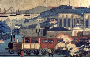 Ferrocarril en un puerto japonés, finales del siglo XIX (grabado)