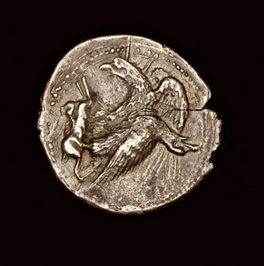 Rara moneda griega antigua, tetredracma de plata, Agrigentum, águila con liebre, 411 a.C. (foto)