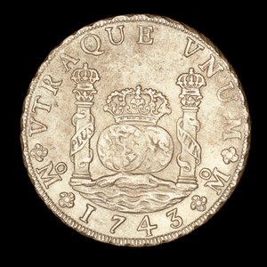 Rara Moneda de Plata, América Española Rey Fernando VI, 8 Reale, Columnas de Hércules sobre Estrecho de Gibralta con globos, corona