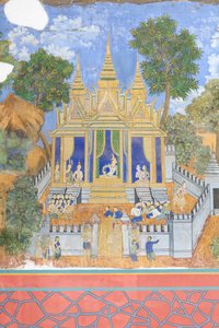 Frescos de Reamker adornan las paredes del complejo del palacio real de Phnom Penh, Camboya (foto)