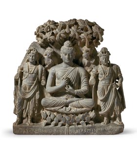 Relieve Tríada de Buda Shakyamuni con Bodhisattvas, siglos III-IV (esquisto gris) de Unbekannter Künstler