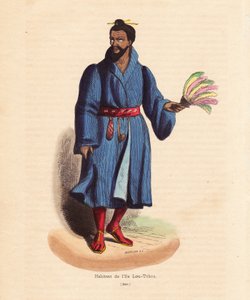 Residente de las islas Ryu Kyu (Okinawa, Japón) - Hombre de las islas Lou-Tchou (islas RyukYu u Okinawa moderna) - xilografía coloreada a mano por Mercier de "Habits, Uses et Costumes de tous les Peuples du Monde, Asie", de Auguste Wahlen, seudónimo de Jea de Unbekannter Künstler