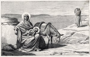 Descanso durante la huida a Egipto. Alfabeto del niño Jesús. Edición de 1932. Grabados en madera firmados H G. Colección privada de Unbekannt