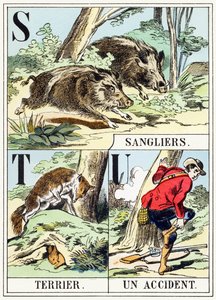 S T U: Jabalí, Terrier, Un accidente - El Alfabeto de la Caza, c.1890 de Unbekannt